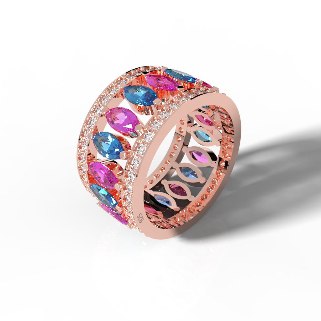 Multi Gemstone Wide Wedding Band, Hallmarked 925 Sterling Silver